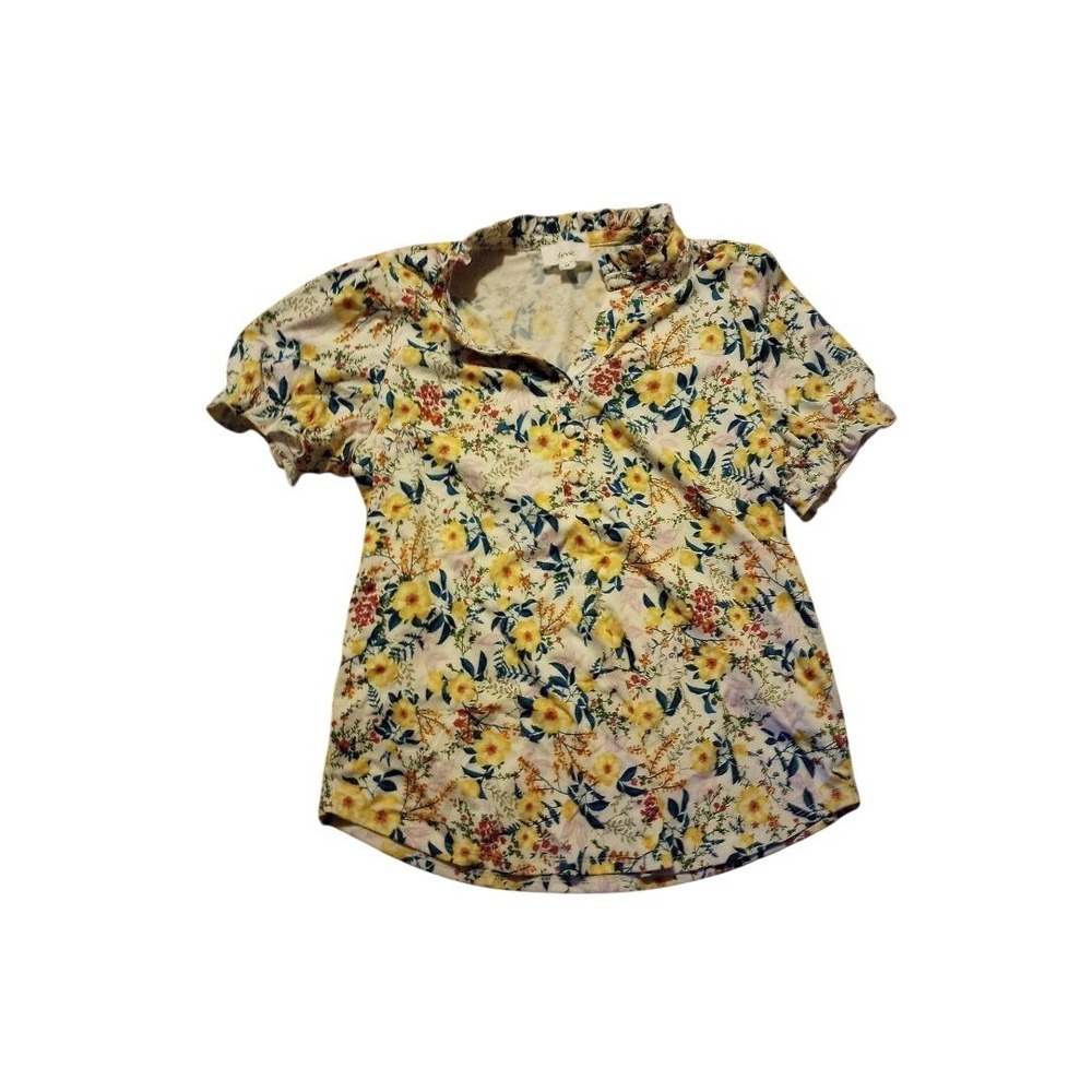 Fyve Woman's‎ Med Floral Print Short Sleeve Blouse Top Ruffle Neck Summer Casual